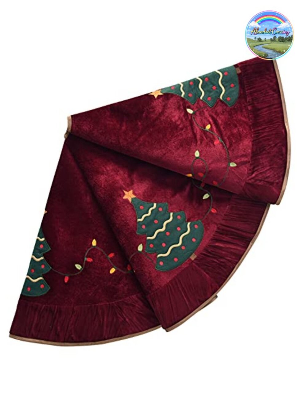 Velvet Christmas Tree Skirt Embroidered Pleat Border Round Holiday Decor